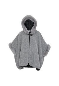 Grauer Wollponcho mit einer fellgefütterten Kapuze, ausgestattet mit einer strukturierten Oberfläche, schwarzem Reißverschluss und ärmeln mit fellbesatz.