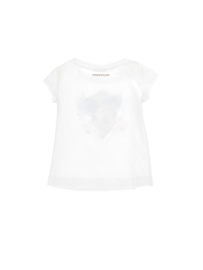 Maglietta bianca a maniche corte con una texture morbida e una scollatura rotonda. Sul retro è presente una grafica sfocata e delicata.