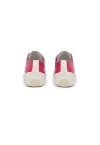 Pink and white leather sneakers with a smooth texture, rounded shape, and a patterned rubber sole at the back.
