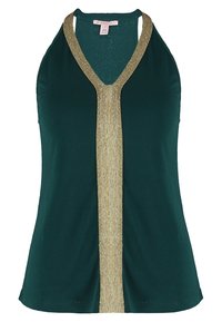 Teal ärmlös topp med djup V-ringning och guldmetallisk detalj i mitten. Tillverkad av ett mjukt tyg och har en avslappnad passform.