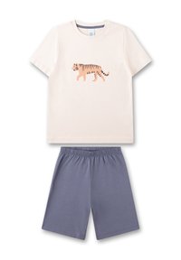 Baumwoll-Pyjama-Set mit einem hellcremefarbenen T-Shirt mit einem rosa Tiger-Graphic und grauen Shorts mit elastischem Bund. Weicher Stoff, einfaches Design.