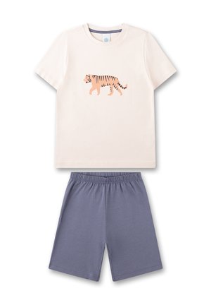 Baumwoll-Pyjama-Set mit einem hellcremefarbenen T-Shirt mit einem rosa Tiger-Graphic und grauen Shorts mit elastischem Bund. Weicher Stoff, einfaches Design.