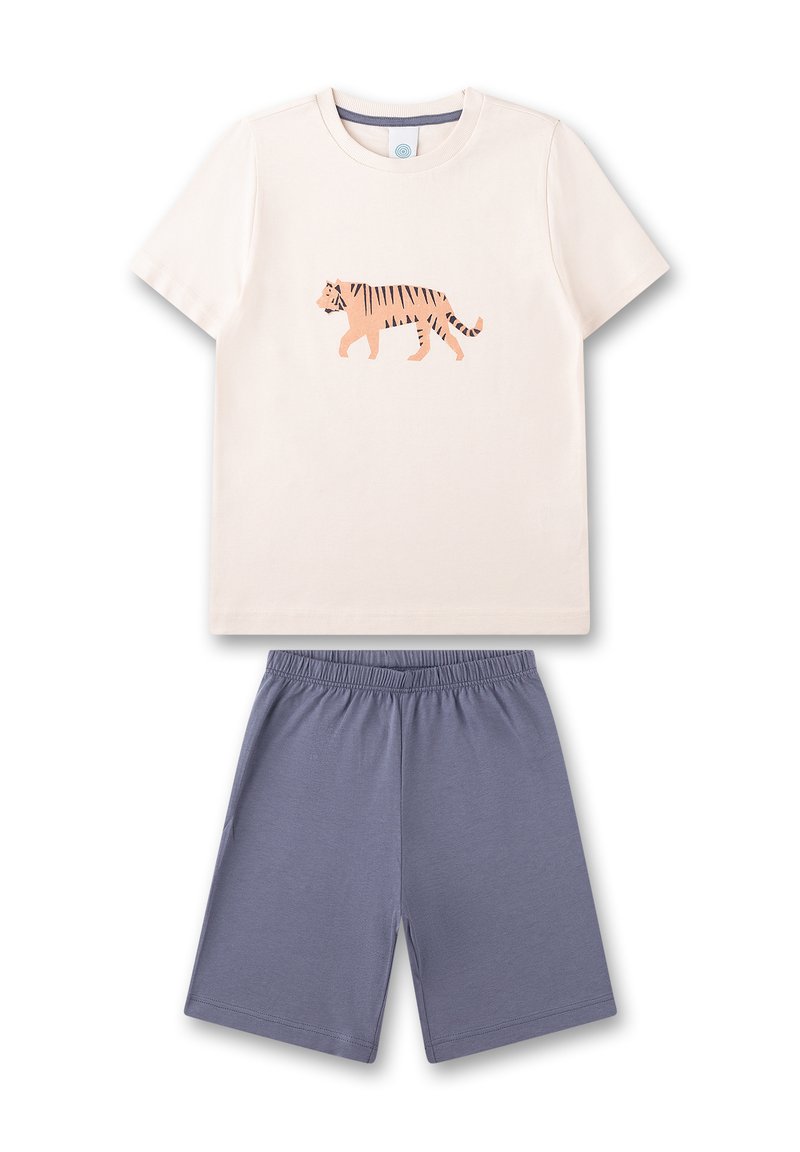 Baumwoll-Pyjama-Set mit einem hellcremefarbenen T-Shirt mit einem rosa Tiger-Graphic und grauen Shorts mit elastischem Bund. Weicher Stoff, einfaches Design.