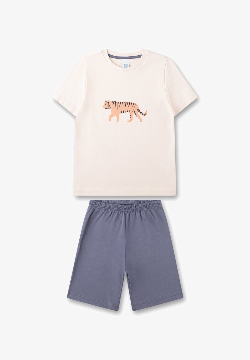 Baumwoll-Pyjama-Set mit einem hellcremefarbenen T-Shirt mit einem rosa Tiger-Graphic und grauen Shorts mit elastischem Bund. Weicher Stoff, einfaches Design.