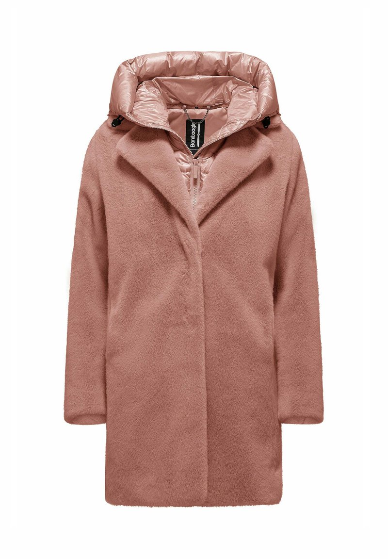 Cappotto in pelliccia sintetica rosa con cappuccio sfoderabile in tinta unita, dotato di zip frontale e vestibilità morbida, che mette in risalto la sua texture soffice.