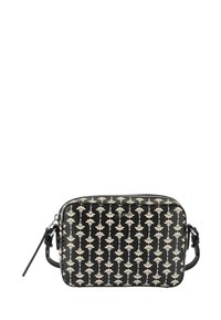 Borsa a tracolla nera con motivo floreale bianco, realizzata in pelle testurizzata, con chiusura a zip e tracolla regolabile.