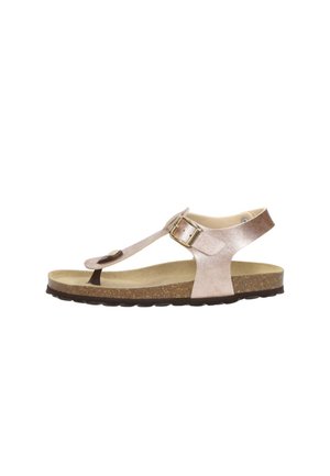 Dames sandaal met rosegouden leren teenslipper, verstelbare gespsluiting, kurken voetbed en een gerubberde, gestructureerde zool, weergegeven in zijaanzicht.