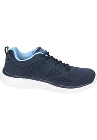 Zapatilla deportiva en azul marino con parte superior de malla texturizada, acentos en azul claro y una suela blanca gruesa diseñada para comodidad y flexibilidad.