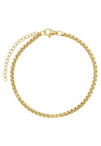 Bracciale in metallo dorato con design a catena collegata, dotato di chiusura a scatto e catena di estensione per una vestibilità regolabile.