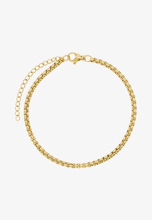Bracelet en métal doré avec un design de chaîne liée, doté d'une fermeture à clip et d'une chaîne d'extension pour un ajustement adaptable.