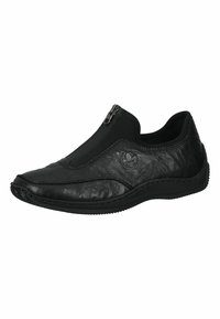 Black leather slip-on shoe with a zip closure, textured surface, curved design, and a round logo on the side. Rubber sole for traction.