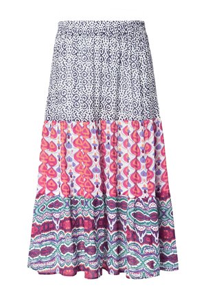 Sukně s elastickým pasem obsahující tři vodorovné vzorované části: černo-bílé geometrické, růžovo-fialové abstraktní a vícebarevné složité vzory.