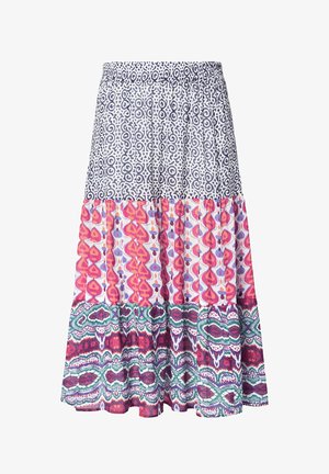 Hame, jossa on joustava vyötärönauha ja kolme vaakasuuntaista kuvioitua osaa: mustavalkoinen geometrinen, vaaleanpunainen ja violetti abstrakti sekä moniväriset monimutkaiset kuviot.