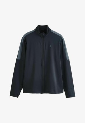 Dunkelmarineblaue Jacke mit Reißverschluss und hohem Kragen, hellgraue Schulterakzente und lange Ärmel; aus glattem, dehnbarem Stoff gefertigt.