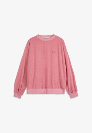 Sweat-shirt rose à manches longues avec poignets et ourlet côtelés, petite broderie sur le côté gauche de la poitrine indiquant "Ceci est un cornichon."