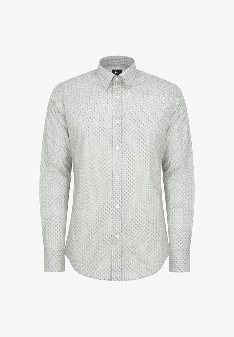 Koszula z długim rękawem w jasnoszarym kolorze, z subtelnym powtarzającym się wzorem, posiadająca klasyczny kołnierz i zapięcie na guziki.