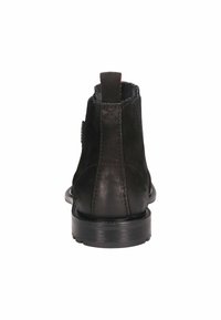 Botas de tobillo de cuero negro con una textura suave, puntera redonda y una lengüeta en la parte trasera. Suela de goma resistente con un sutil detalle de costura.