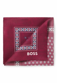 Burgundy pocket square with a geometric pattern, white and blue accents, and "BOSS" logo. Made of silk with a smooth texture.
