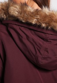 Gros plan d'une personne portant une veste bordeaux avec une capuche bordée d'une épaisse fausse fourrure marron.