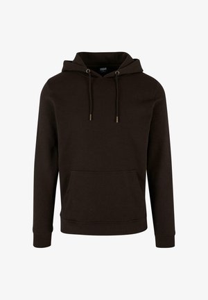 Dunkelbrauner Hoodie aus weichem Material. Verfügt über eine große Kängurutasche, eine Kapuze mit Kordelzug, gerippte Bündchen und einen geraden Saum.