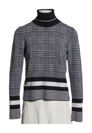 Pull col roulé à motif pied-de-poule noir et blanc avec poignets et ourlet rayés, présenté sur un buste de mannequin.
