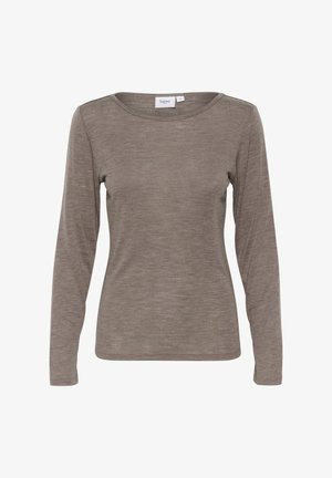 Langärmliges Oberteil in einem gedämpften Taupe-Ton. Aus weichem, leichtem Stoff gefertigt, mit rundem Ausschnitt und schlanker Passform. Verfügt über minimale Nähdetails.