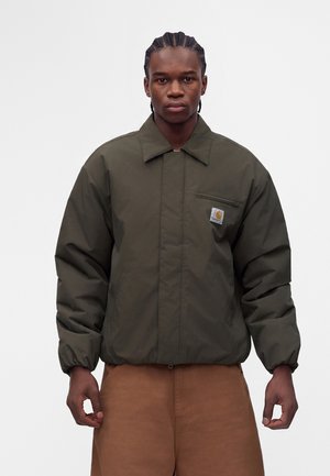 Mand med flettet hår iført olivengrøn Carhartt-jakke og brune bukser, står mod en ensartet lys baggrund.