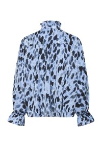 Blouse à manches longues avec imprimé léopard bleu et noir, col haut à volants et poignets à volants, vue de dos.