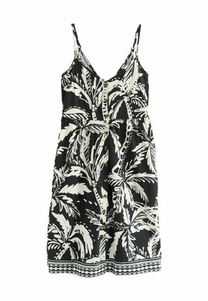 Schwarz-weißes Kleid mit einem Palmenblattmuster, ärmellosem Design, V-Ausschnitt und Knopfdetails an der Vorderseite sowie einem gerafften Taillenbund.