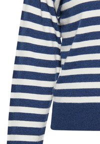 Blaue und weiße gestreifte Pullover, mit einer weichen Textur, gerippten Bündchen und einem abgerundeten Saum sowie gleich breiten Streifen.