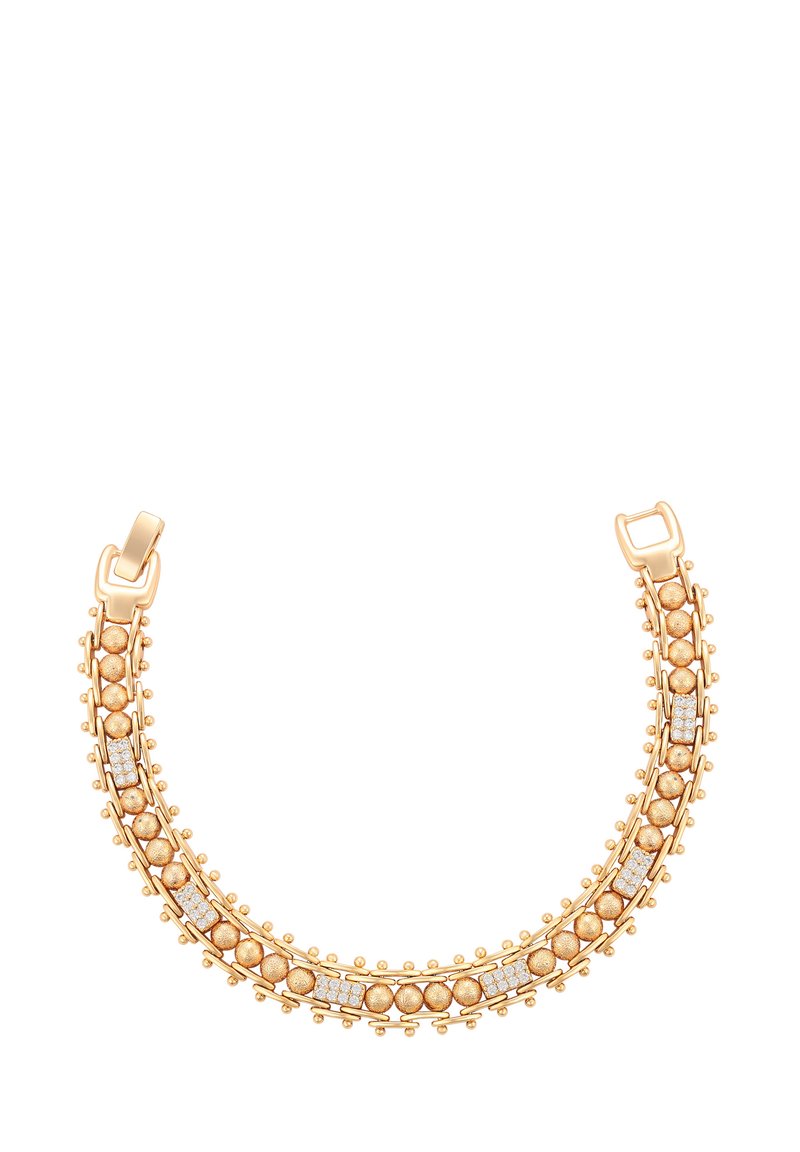 Collana in tono oro con perle tonde, intervallate da piccole pietre trasparenti. Presenta una superficie texturizzata e un design di chiusura sicuro.