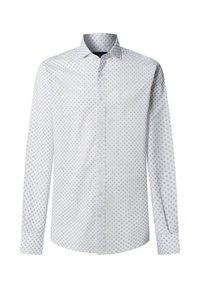 Bijela košulja s dugim rukavima, dugmadima sprijeda, s diskretnim ponavljajućim plavim paisley uzorkom i klasičnim ovratnikom, prikazana na jednostavnoj pozadini.