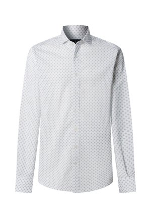 Witte lange mouwen overhemd met knopen, met een subtiel herhalend blauw paisley-patroon en een klassieke kraag, weergegeven tegen een effen achtergrond.