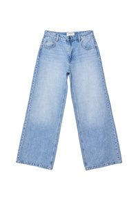 Jeans in denim azzurro chiaro a gamba larga con tasche frontali, passanti per cintura e chiusura con bottone.