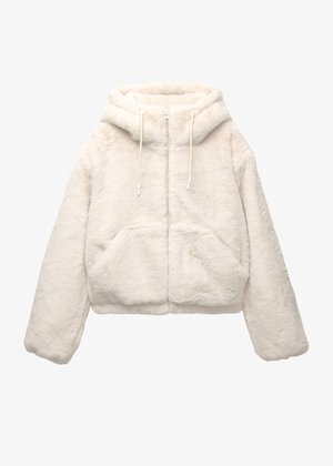 Vyötärölle leikattu kermahupullinen huppari, valmistettu pehmeästä tekoturkiksesta. Täysi vetoketjusuljenta, kiristysnyörillinen huppu ja kaksi etutaskua. Pinta on teksturoitu.