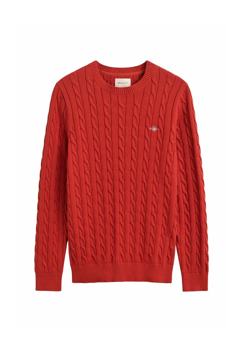 Red cable knit long-sleeve sweater with crew neck and small embroidered logo on the left chest.
