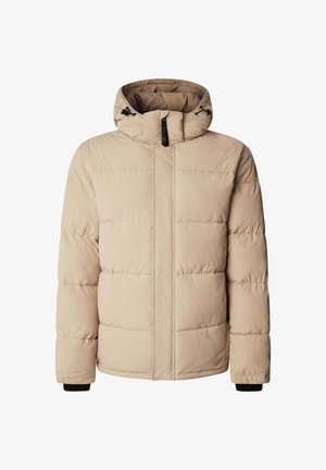 Beige puffer jacket with a hood, featuring a zip front, quilted texture, and elastic cuffs for warmth. Notable stitching detail throughout.