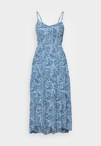 Modrá maxi šaty s paisley vzorem, tenké ramínka, přiléhavý korzet a poschodová sukně. Tkanina vypadá lehká s měkkou strukturou.