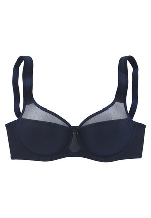 Marineblauer BH mit Unterdraht, Netz-Cups und verstellbaren Trägern. Mit dezentem Punktmuster und einem kleinen Detail mit Mittelverschluss.