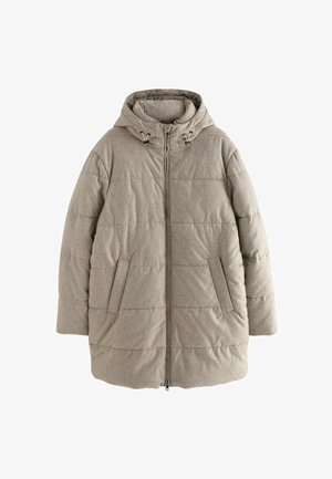 Cappotto imbottito beige con cappuccio, dotato di chiusura con zip, design trapuntato orizzontale e tasche laterali. Realizzato in un tessuto morbido e strutturato.