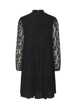 Schwarzes Kleid mit hohem Ausschnitt, langen Spitzenärmeln und einem gestuften Rock. Aus leichtem Stoff mit strukturiertem Finish gefertigt.