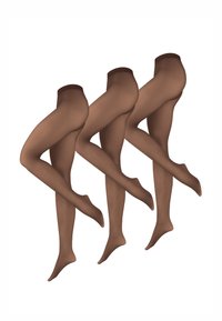 Tre paia di gambe incrociate che indossano collant marroni trasparenti, mostrati su uno sfondo bianco semplice.