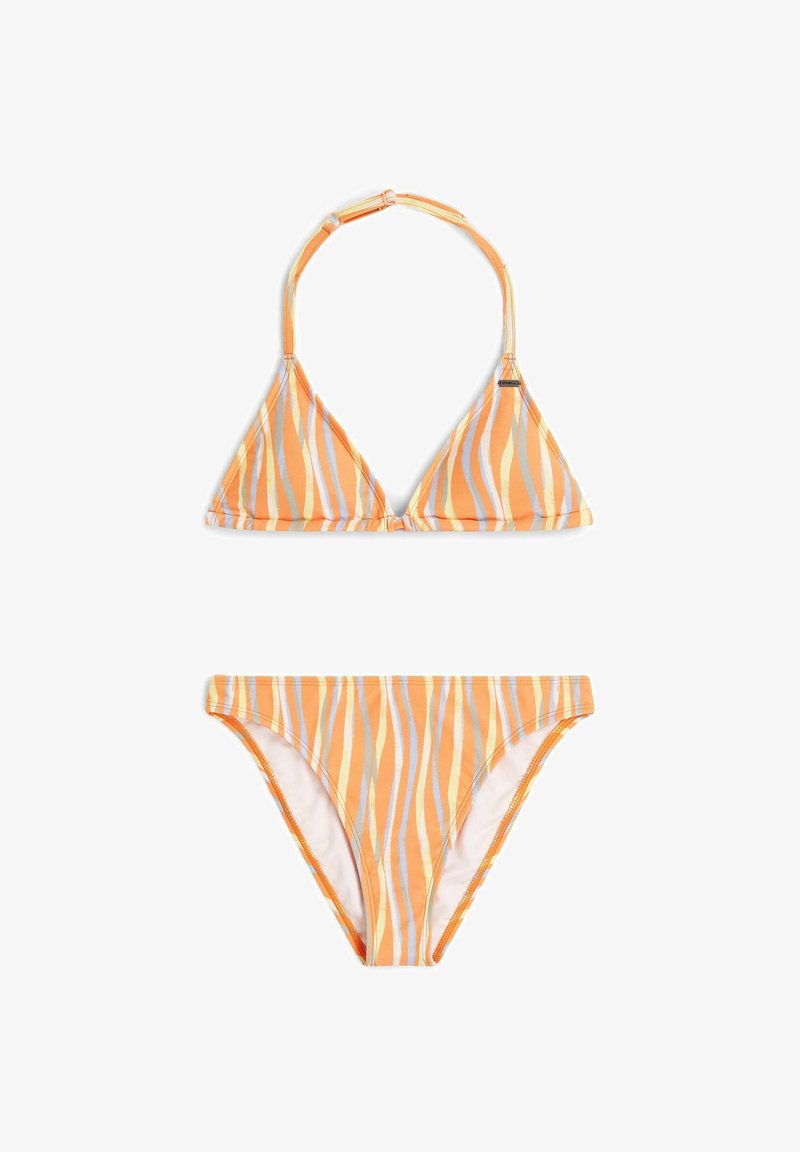 Bikini i orange och gult med ränder, bestående av en trekantig topp med justerbara band och matchande låg midje-bikinibyxa med liknande mönster.