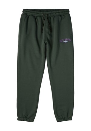Donkergroene trainingsbroek met een elastische tailleband en trekkoord. Bevat zijzakken en een paarse logo op de linker bovenbeen.