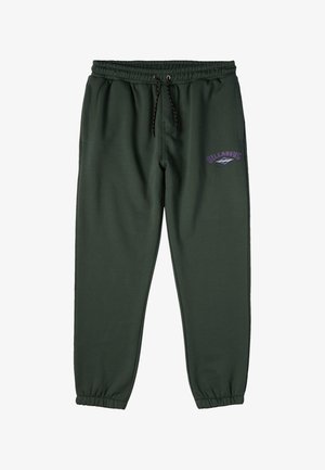 Dark green sweatpants with an elastic waistband and drawstring. Features side pockets and a purple logo on the left thigh.