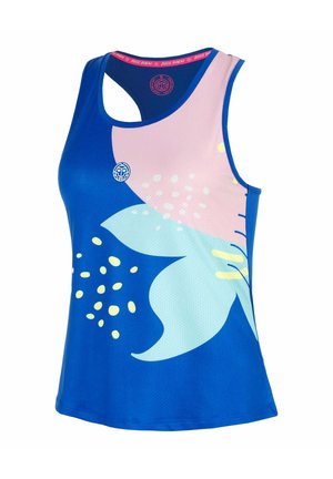 Blaues ärmelloses sportliches Tanktop mit abstraktem Blumenmuster in Pink, Hellblau und Gelb und Racerback-Stil.