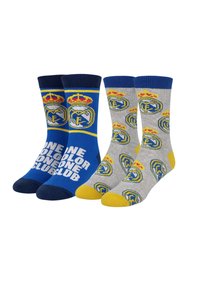 Zestaw skarpet w niebiesko-szarych kolorach. Jedna para z logo drużyny i tekstem, a druga w powtarzające się logo z żółtymi akcentami. Mieszanka bawełny.