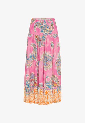 Pink maxi nederdel med paisley mønster, smocket talje og orange blomsterdetaljer nederst. Fremstillet af letvægtigt stof med en blød tekstur.