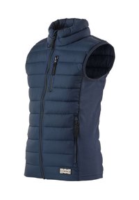 Veste sans manches matelassée bleu marine avec fermeture éclair devant, deux poches zippées et col montant, présentée sur fond blanc uni.
