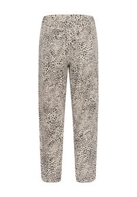 Pantalons à imprimé léopard en beige et noir avec une texture lisse, dotés d'une taille élastique et d'une conception de jambes fuselées.
